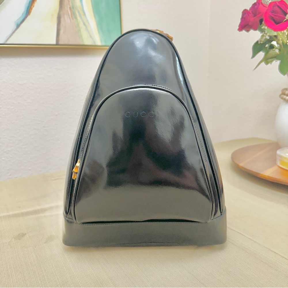 💯 GUCCI Bamboo Black Patent Leather Backpack Sling bag Shoulder Bag CLEAN